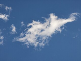 Fototapeta premium Delicate white cloud with a pointed tip and wispy extensions drifts in a clear blue sky, creating a serene and light natural background