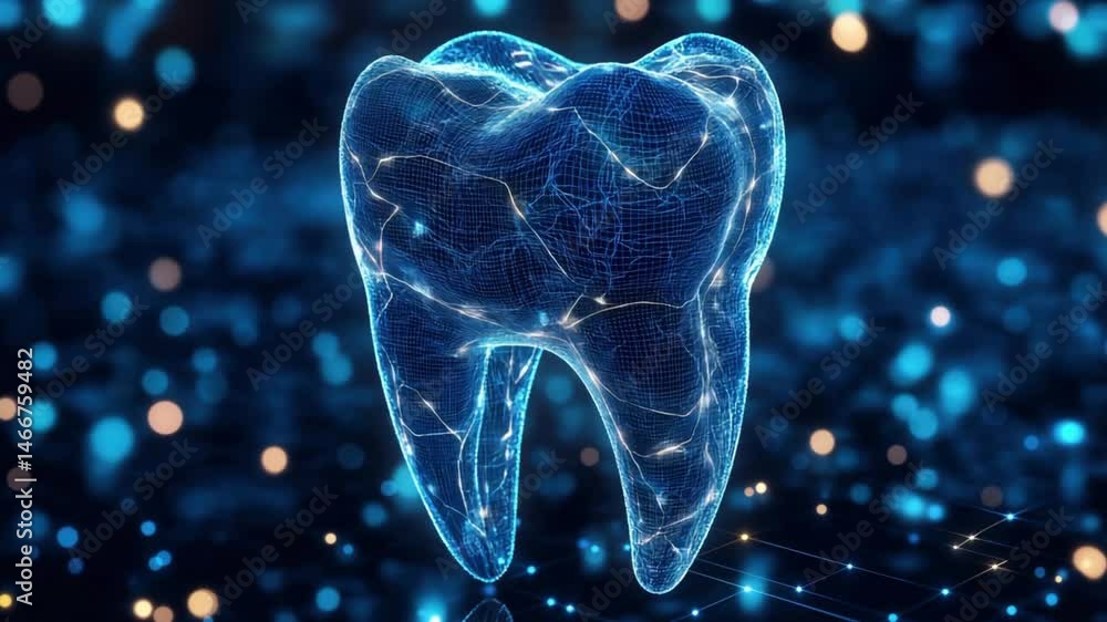 Aufkleber blue holographic tooth with circuit grid animation video. glowing digital model of tooth with networ