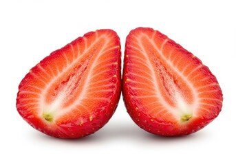 Halved strawberry showing the internal structure and vibrant red color against a white background