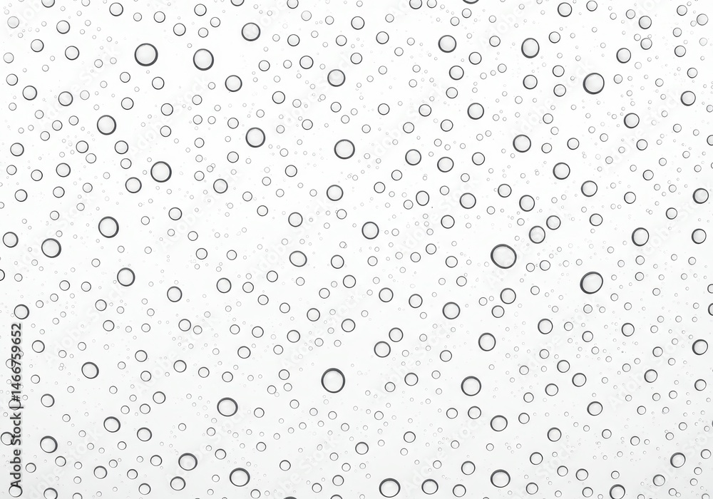 Poster raindrops on a window create an abstract pattern of circles and light against a white background