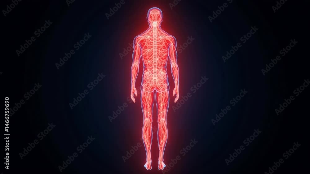 Poster full body nervous system visualization filling with bright red animation video. human neural network