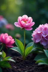 Obraz premium A single pink blossom's stem pushes through dark soil, nestled amongst vibrant hydrangea and peony foliage , lush, dark