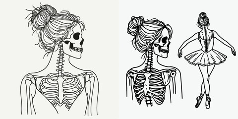 Female Skeleton with Messy Bun Ballerina. girl bun Outline Clipart ink line art doodle vector illustration. Bony dancer form in elegant topknot artistic anatomy Halloween theme.