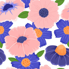 Seamless pattern with pink spring flowers, cornflowers. Pattern for fabric, packaging and background.