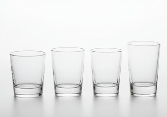 Four clear drinking glasses of varying heights arranged in a row on a white surface, studio shot