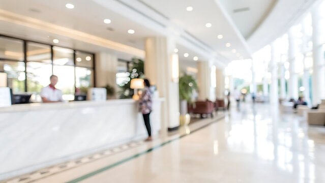 Modern business hotel front desk blurred reception scene and inviting interaction