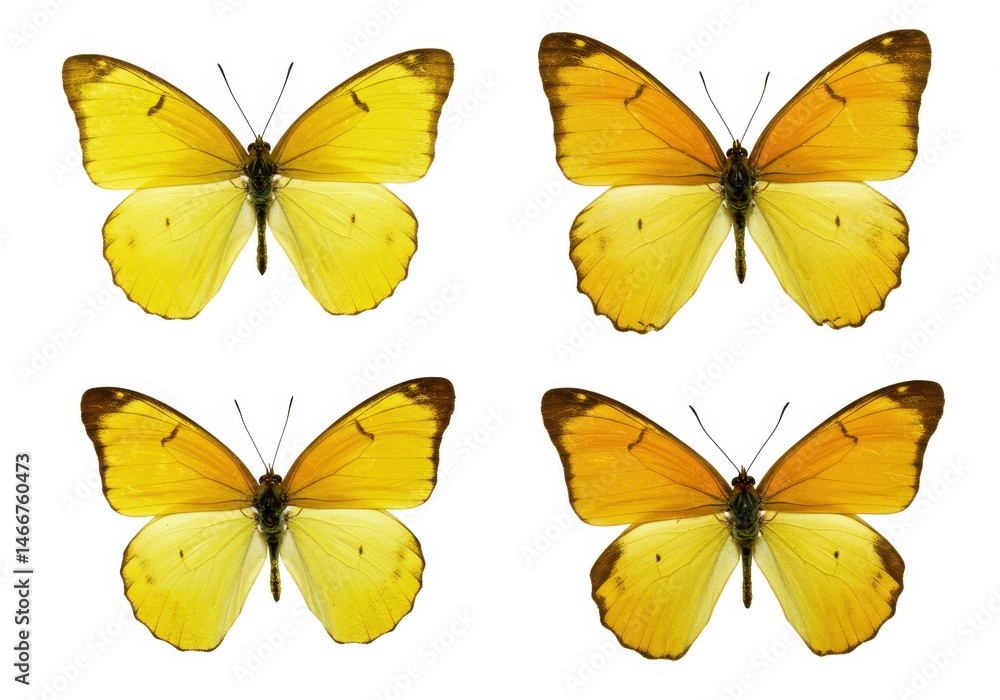 Poster four yellow butterflies with brown edges on a white background displayed in a grid pattern