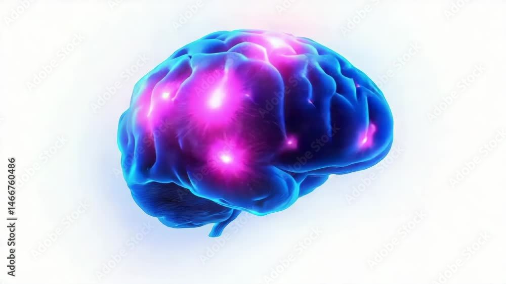 Poster futuristic blue brain with pink neural networks animation video. cognitive science animated footage 