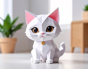 Kawaii Paper Craft White Cat with Blurred Living Room Background