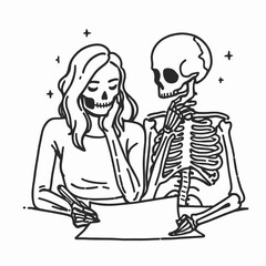 Female Skeleton planning a future together. girl with messy bun Outline Clipart ink line art doodle vector illustration. Anatomical woman envisioning joint destiny bone frame plotting.