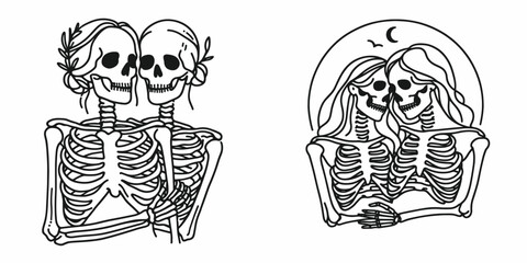 Female Skeleton holding each other close. girl with messy bun Outline Clipart ink line art doodle vector illustration. Feminine bony figure embracing united in affection human anatomy.
