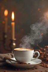 A steaming white cup of coffee with latte art sits on a saucer with scattered beans, illuminated by warm candlelight in a cozy setting