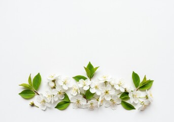 Obraz premium White cherry blossoms and green leaves arranged on a white surface with negative space above for text or design