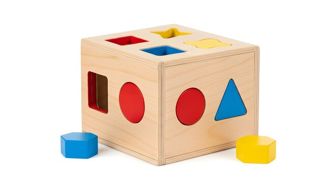Classic wooden shape sorter cube, an essential early learning toy for babies and toddlers, is neatly isolated against a pristine white studio background.