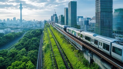 Naklejka premium Urban train tracks with lush greenery, cityscape view
