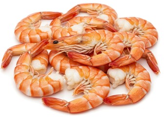Pile of cooked and peeled shrimp with tails on a white background ready to be served or used in a recipe