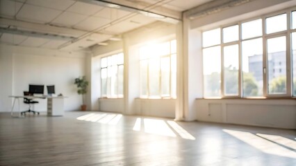 Fototapeta premium Sunlit workspace with blurred background modern office inspirational environment defocused view