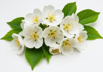 Obraz premium Close-up of jasmine flowers with green leaves arranged on a white surface in a studio