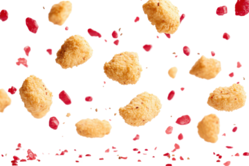 Crispy chicken nuggets and red drops suspended in the void against a stark white backdrop