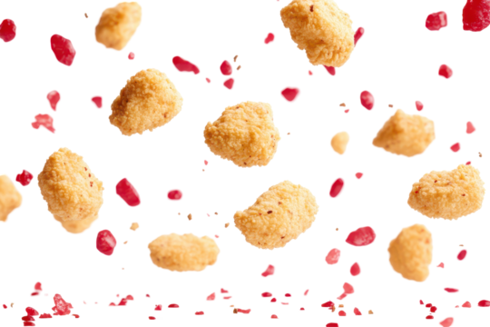 Crispy chicken nuggets and red drops suspended in the void against a stark white backdrop