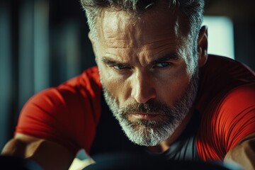 Man Cycling Machine. Fitness Lifestyle: Strong Focused Mature Athletic Male Exercising on Rowing Machine at Gym