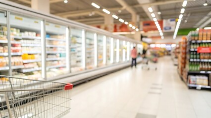Grocery shopping action in supermarket with defocused background and blurred cart view
