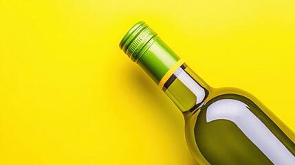 Green Wine Bottle on Vibrant Yellow Background with Reflection