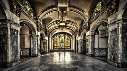 Stunning church architecture with soaring arches, intricate stone carvings, and stained glass glowing softly in natural light, wide-angle perspective. 