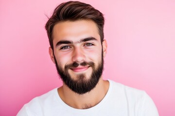 Man on Solid Background. Close-up Portrait of Calm Smiling Adult Male in White Shirt, Isolated on Pink Studio Background