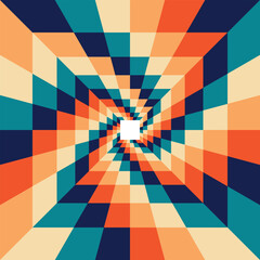 multi colored checkerboard pattern, forming a geometric 3D vortex effect with strong visual depth and symmetry.