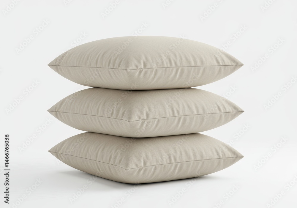 Poster stack of three square beige pillows against a plain white background in a minimalist composition