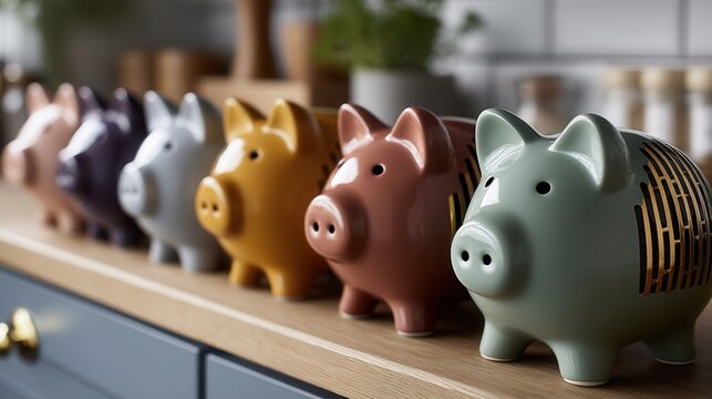 Charming colorful piggy banks lined up on wooden shelf