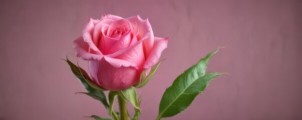 Fototapeta premium A tightly furled pink rosebud on a vibrant green stem , image, floral photography, nature photography