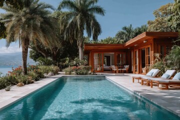 Fototapeta premium Luxurious villa with pool surrounded by lush greenery and palm trees on a sunny day in a tropical location
