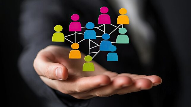 A person presenting colorful connected people icons, representing networks and connections