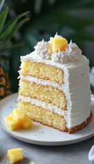 Slice of Coconut Pineapple Cake with Cream Cheese Frosting on White Plate, Tropical Dessert