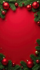 Red Christmas garland border with red ornaments & gold stars on red background, holiday border, holiday garland