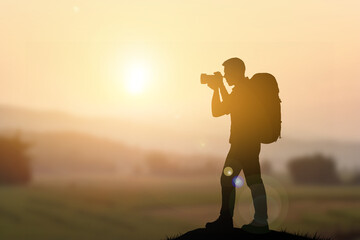 Traveler Photographer Capturing Nature at Sunrise