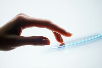 Concept 10 = close-up photo of realistic human hand performing touchscreen gesture, finger tap on invisible screen, isolated on white background, high detail stock image 