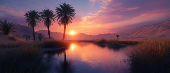 Sunset over lake with palm trees