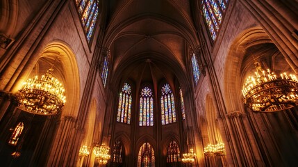Fototapeta premium Vast Gothic interior, ornate stonework and glowing stained glass, warm candlelight casting shadows across vaulted ceilings, dramatic central angle. - 