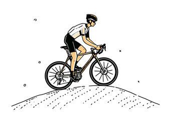 Fototapeta premium Cyclist pedaling uphill, athletic vector illustration with gear details and gradient terrain