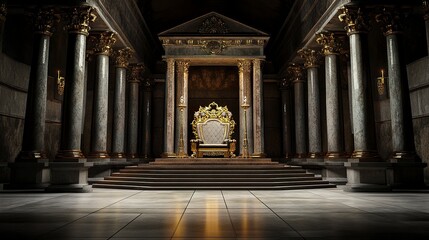 Vast throne room, ornate stone pillars flank a throne with gilded detailing atop a raised platform, moody lighting highlights shadows and textures, dramatic frontal view. 