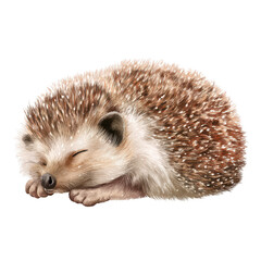 Obraz premium An adorable hedgehog peacefully sleeps curled up on a white background, its eyes closed in serene slumber.