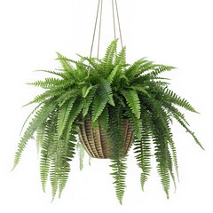 A Boston Fern or Nephrolepis exaltata on Hanging basket, isolated on solid white background