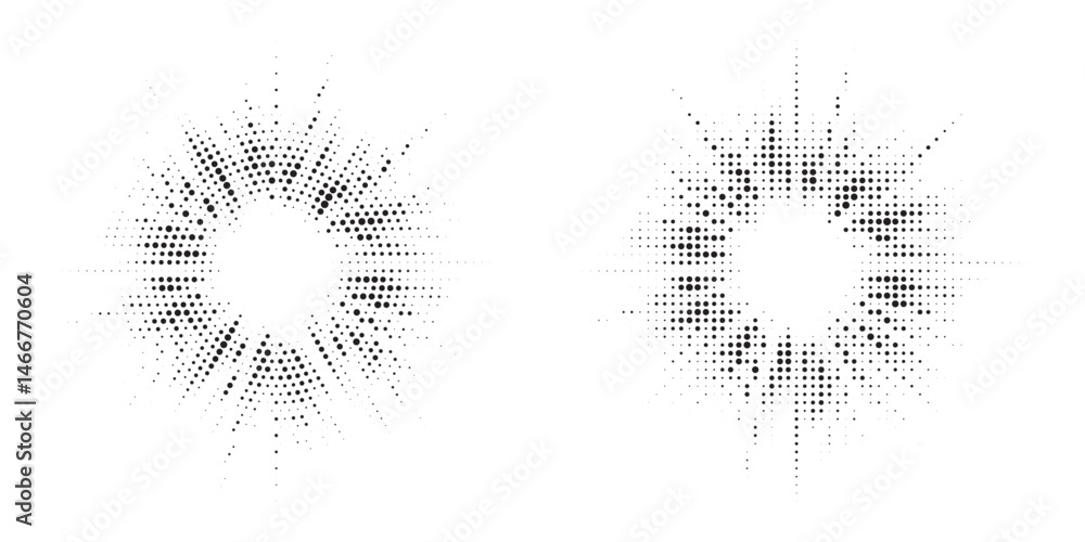 Poster Halftone circle frame background set. Round border Icon using halftone random circle. Grunge circular stain. Vector illustration.