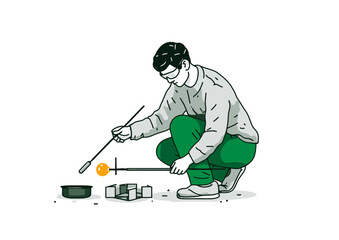 Glassblower shaping molten glass, luminous vector design with orange glow and tool imprints