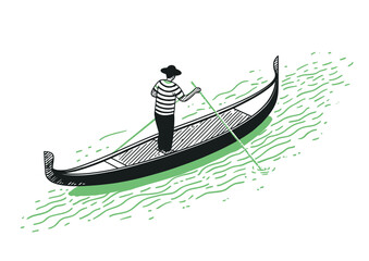 Gondolier rowing a boat, picturesque vector illustration with Venetian details, rippling water