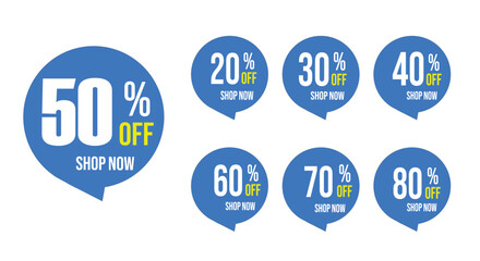 Blue Discount Bubble  Promotional Labels for Online and Retail Sales Discount Tags 20% 30% 40% 50% 60% 70%to 80% OFF Sale Labels for Promotions Marketing illustration isolated on white discount badge 