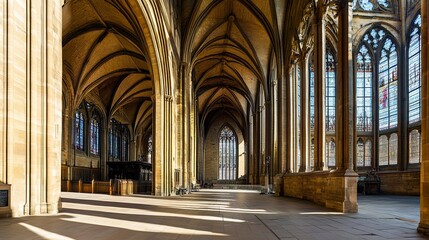 Wakefield Cathedral's transept, intersecting Gothic arches and clerestory windows bathed in natural light, shadows creating depth, interior shot highlighting architectural complexity.  